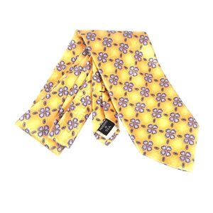 Jos A Bank Silk Tie Yellow Floral Geometric Made in USA 3.75" x 62.5"
